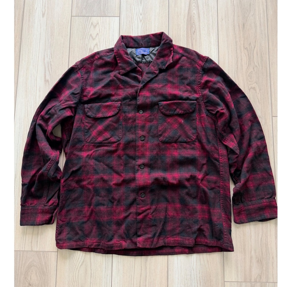 1950s Vintage Pendleton Board Shirt Mens L Red Black Shadow Plaid Wool Patch